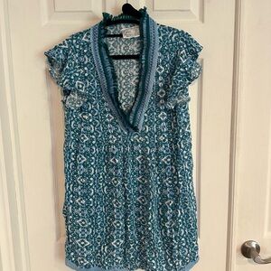 Goa Beachwear by Japna Blue Patterned Dress with Ruffle Sleeves